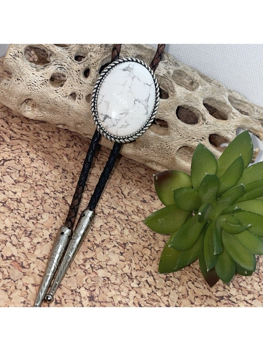 White Buffalo Turquoise Silver Western Leather Bolo Tie Necklace Ranch Wear new